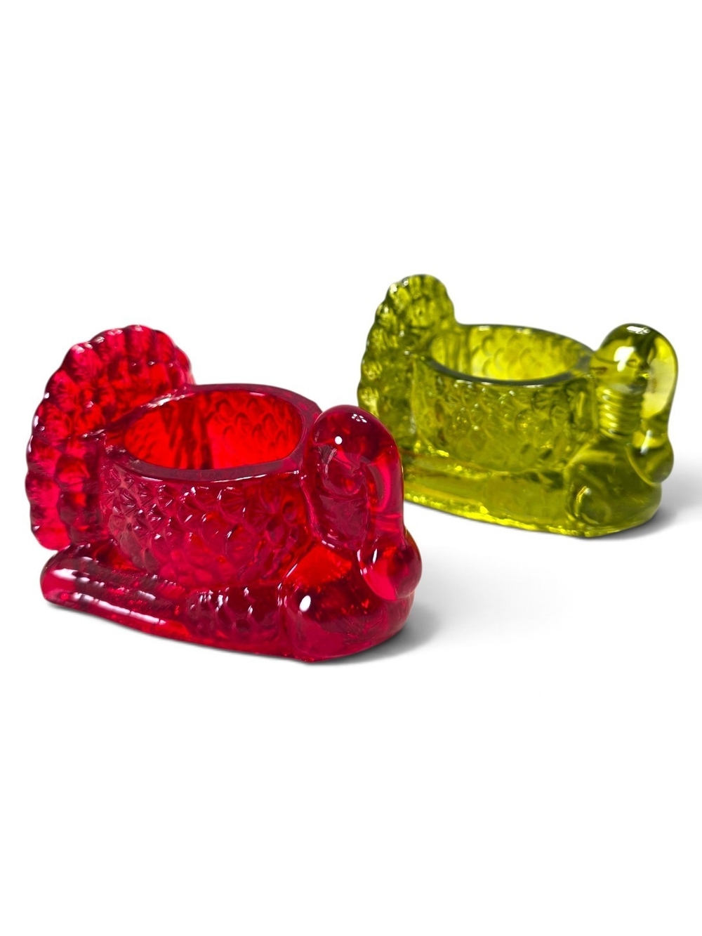 Vintage Pair of Dennis East Glass Turkey Figurine Tealight Candle Votive Holders